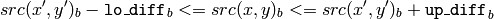 src(x',y')_b- \texttt{lo\_diff} _b<=src(x,y)_b<=src(x',y')_b+ \texttt{up\_diff} _b