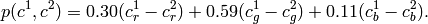 p(c^1,c^2) = 0.30 (c^1_r - c^2_r) +
               0.59 (c^1_g - c^2_g) +
               0.11 (c^1_b - c^2_b).