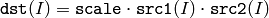 \texttt{dst} (I)= \texttt{scale} \cdot \texttt{src1} (I) \cdot \texttt{src2} (I)