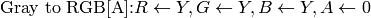 \text{Gray to RGB[A]:} R  \leftarrow Y, G  \leftarrow Y, B  \leftarrow Y, A  \leftarrow 0